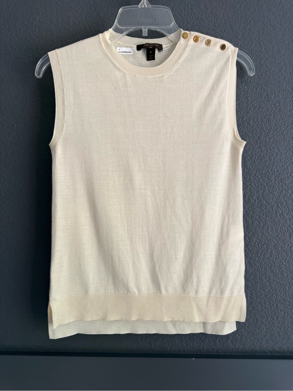 LOUIS VUITTON • Cream Sleeveless Button-Shoulder Knit Tank wool cashmere silk